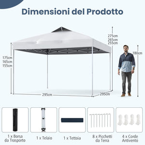 Gazebo Pop-up da 295 x 295 cm, Gazebo da Giardino Impermeabile con Blocco Centrale, Borsa da Trasporto Portatile, Corde Antivento, Picchetti, Tenda Regolabile in Altezza per Feste (Bianco)
