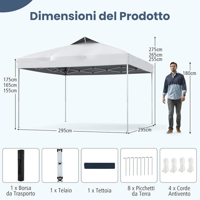 Gazebo Pop-up da 295 x 295 cm, Gazebo da Giardino Impermeabile con Blocco Centrale, Borsa da Trasporto Portatile, Corde Antivento, Picchetti, Tenda Regolabile in Altezza per Feste (Bianco)