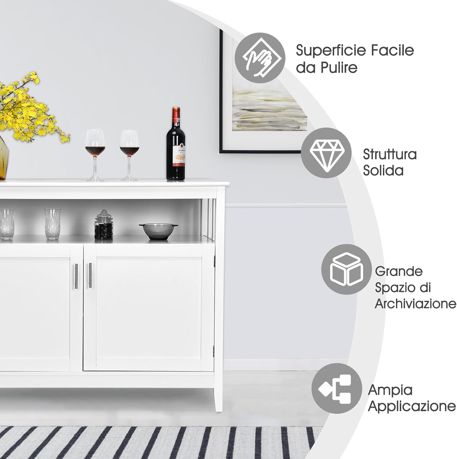 Credenza Cucina Moderna, Mobiletto da Cucina con Ripiano Regolabile e 2 Ante, Mobiletto Multiuso da Soggiorno Sala da Pranzo Ingresso, Bianco
