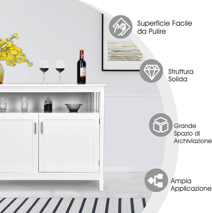 Credenza Cucina Moderna, Mobiletto da Cucina con Ripiano Regolabile e 2 Ante, Mobiletto Multiuso da Soggiorno Sala da Pranzo Ingresso, Bianco