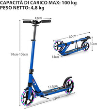 Scooter Monopattino a Spinta per Bambini Pieghevole e Regolabile in Altezza (91-106 cm), con Ruote Luminose e Cavalletto, Carico Massimo 100kg