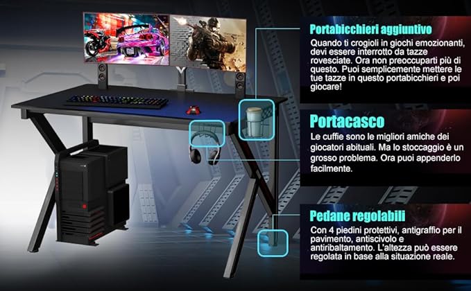 Scrivania da Gaming a Forma di K, Tavolo da Gioco 115 cm, Tavolo per Computer con Porta Bicchiere e Gancio, Scrivania Computer con Struttura in Acciaio, per Casa o Ufficio