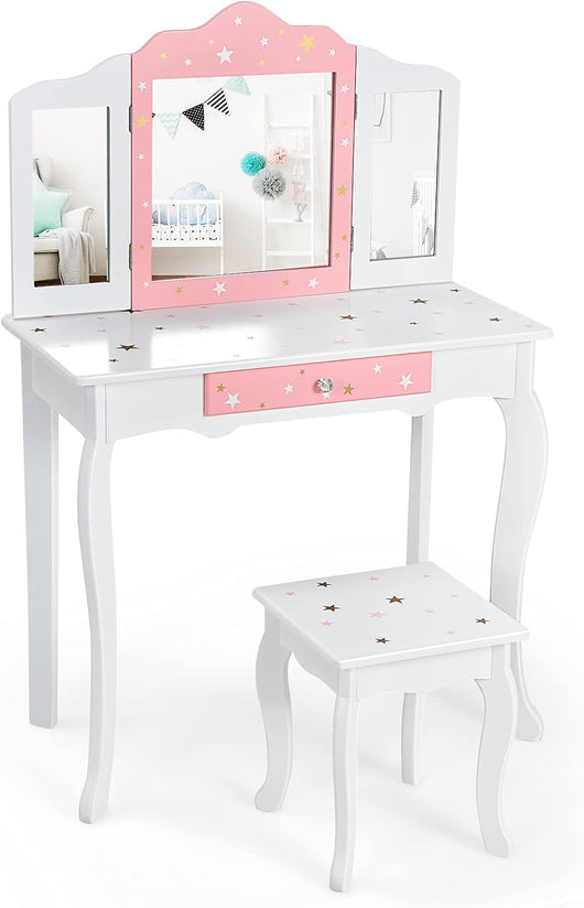 Toeletta Trucco 2 in 1 per Bambina Staccabile, Specchiera per Ragazza in Legno con Giocattoli, Sgabello e Cassetto, Postazione Trucco per Cameretta e Cmera da Letto, 3 Anni 70x35x104cm(Bianco)
