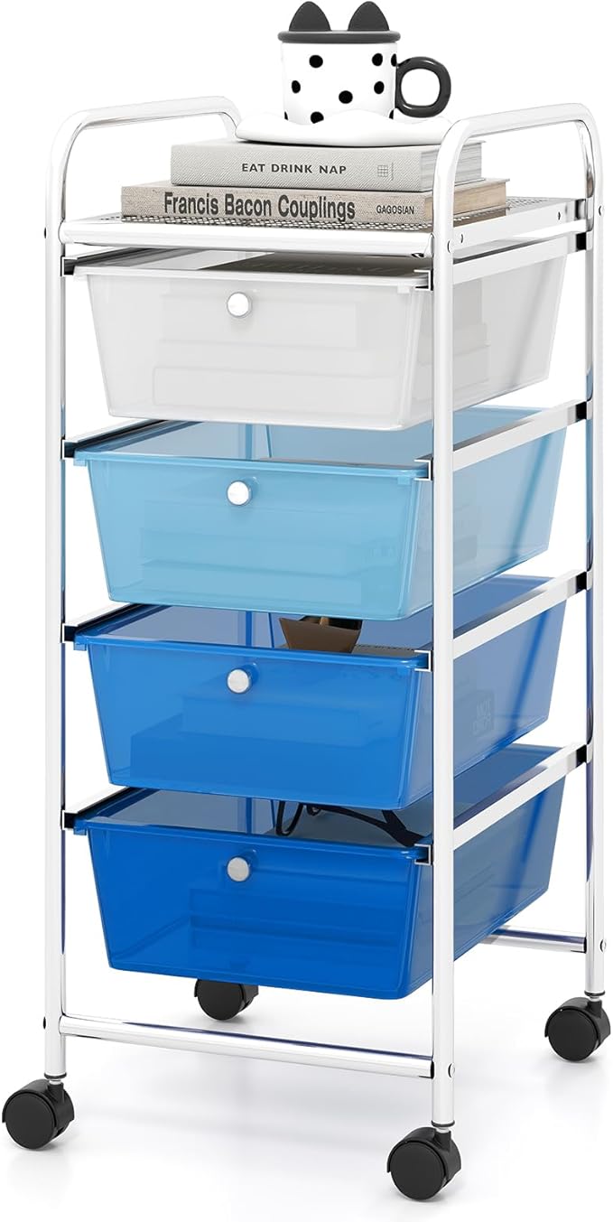 Carrello Portaoggetti con 4 Cassetti, Cassettiera Rimovibili in Plastica, Carrello di Stoccaggio con Ruote per Casa Bagno e Ufficio, 37x32x76 cm (Blu)
