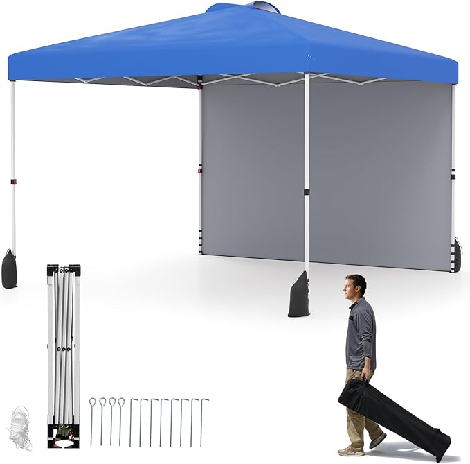 Gazebo Pieghevole 3 x 3 m, Gazebo da Esterno con Borsa con Ruote, Picchetti, Ancoraggi, Corde del Vento, Sacchi di Sabbia e Copertura Ventilata, Tendone Impermeabile per Feste (Blu)