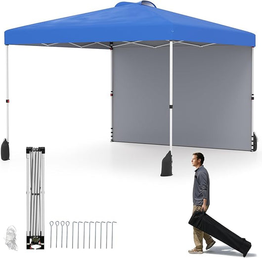Gazebo Pieghevole 3 x 3 m, Gazebo da Esterno con Borsa con Ruote, Picchetti, Ancoraggi, Corde del Vento, Sacchi di Sabbia e Copertura Ventilata, Tendone Impermeabile per Feste (Blu)