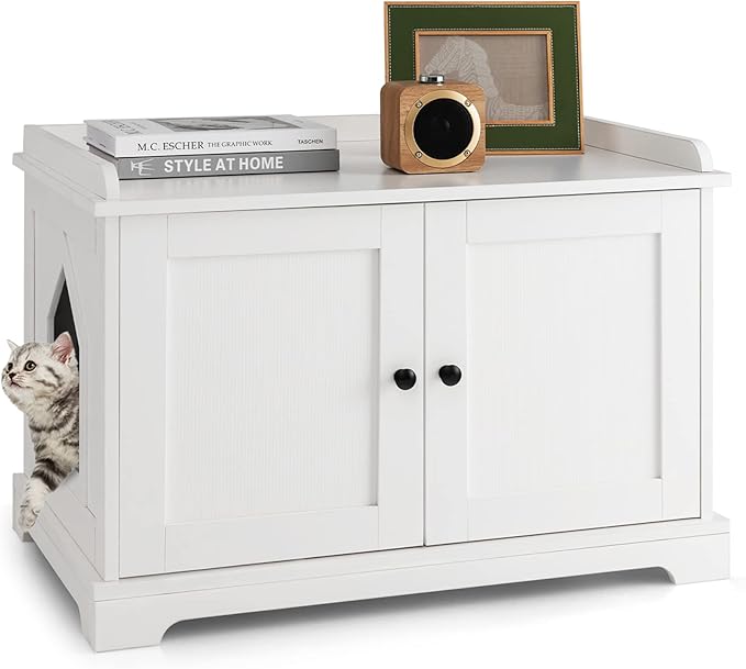 Mobile per Lettiera per Gatti, Casetta per Gatti con Tiragraffi, Divisorio Regolabile, Ante e Ingresso Laterale, Mobiletto Versatile e Moderno per Salotto, 75 x 51 x 53 cm, Bianco