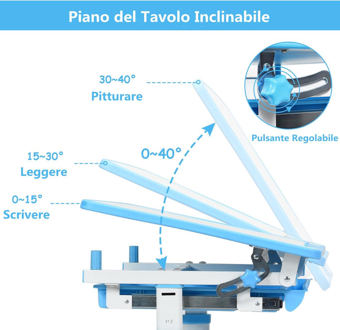 Scrivania per Bambini Tavolo per Studenti con Sedia Inclinabile Regolabile in Altezza, Ergonomica, Vari Colori Disponibili (Blu)