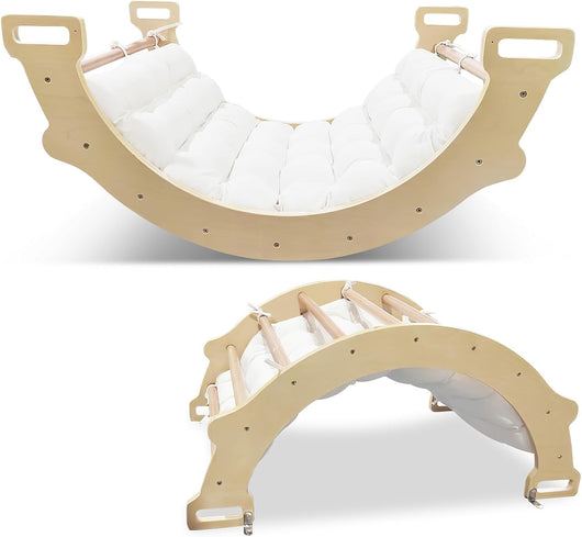 Arco da Arrampicata per Bambini, 2 in 1 Altalena ad Arco in Legno con Cuscino Morbido, Doppia Faccia, Ideale per Bambini 1+ Anni (Naturale)