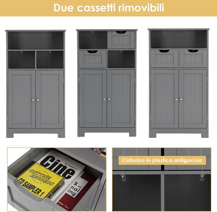 Armadietto Terra da Bagno Mobile Autoportante, Mobiletto Ufficcio Multiuso, con Cassetti e Ripiani, Ampio Spazio, Legno (Grigio)