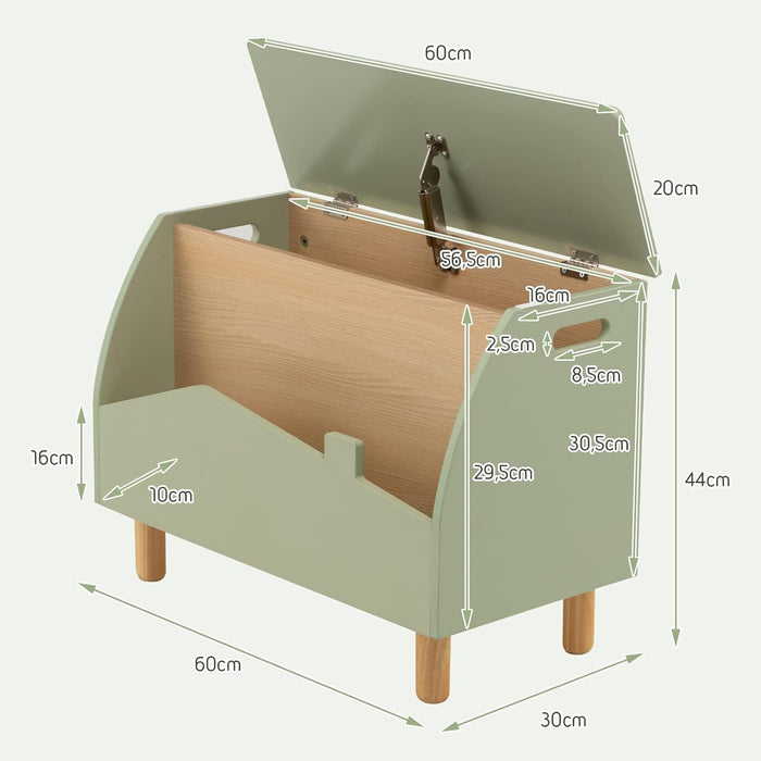 Scaffale dei Giocattoli per Bambini in Legno, Libreria per Bambini con Ripiano Espositivo e Contenitore con Coperchio Apribile, Ideale per Cameretta e Nido, 60 x 30 x 44 cm (Verde)