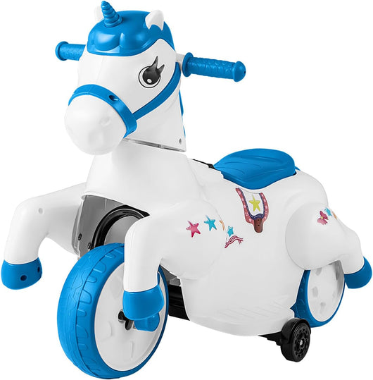 12V Giocattolo Unicorn a Cavallo, Macchina Cavalcabile con Ruote di Addestramento Modalità di Equitazione, Musica Panello LED, Cavallo a Motore per Bambini 3 Anni+ (Blu)