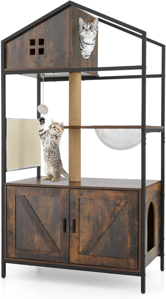 Albero per Gatti 80 x 48 x 150 cm, Lettiera Gatto Chiusa con Posti per Graffiare, Cuscino, Amaca e Palla Pendente, Torre per Animali Domestici in Metallo e Corda di Juta