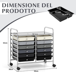 Carrello di Stoccaggio con 12 Cassetti, Carrello portaoggetti con 4 Ruote, Carrello Multiuso per Scuola Ufficio Cucina, 64 x 38 x 62 cm (12 cassetti Grigio sfumato)