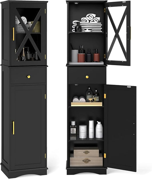 Armadietto da Bagno 40 x 30 x 168 cm, Colonna Bagno con Cassetto, 2 Ante e 3 Ripiani Regolabili, Mobiletto Salvaspazio per Cucina, Soggiorno e Ufficio (Nero)