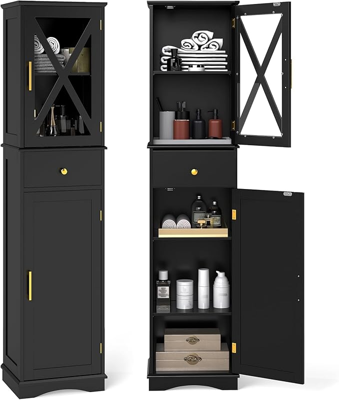 Armadietto da Bagno 40 x 30 x 168 cm, Colonna Bagno con Cassetto, 2 Ante e 3 Ripiani Regolabili, Mobiletto Salvaspazio per Cucina, Soggiorno e Ufficio (Nero)