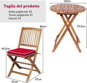 Set Tavolo e Sedie da Giardino, Set Mobili da Giardino Pieghevoli 3 Pezzi in Legno di Acacia, con Cuscini, Arredo Giardino per Giardino Terrazzo Balcone (Cuscini Rossi)