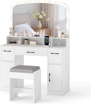 Toeletta da Trucco con 10 Luci, Set Tavolo e Sgabello da Trucco con Stazione di Ricarica, 3 Colori di Luce, 3 Cassetti, 2 Armadietti, Consolle Toeletta per Soggiorno Camera da Letto (Bianco)