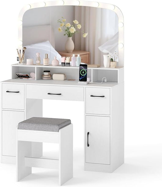 Toeletta da Trucco con 10 Luci, Set Tavolo e Sgabello da Trucco con Stazione di Ricarica, 3 Colori di Luce, 3 Cassetti, 2 Armadietti, Consolle Toeletta per Soggiorno Camera da Letto (Bianco)