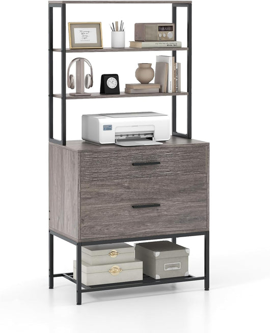 Scaffale Porta Stampante, Suppoto per Stampante in Legno con 4 Ripiani e 2 Cassetti, per Soggiorno, Ufficio e Studio, 75 x 40 x 156 cm (Grigio)