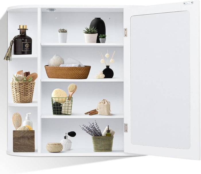 Mobile da Bagno 66 x 17 x 63cm, Armadietto da parete con Specchio, Ante e Mensola Regolabile, Armadietto Moderno e Multiuso, Bianco