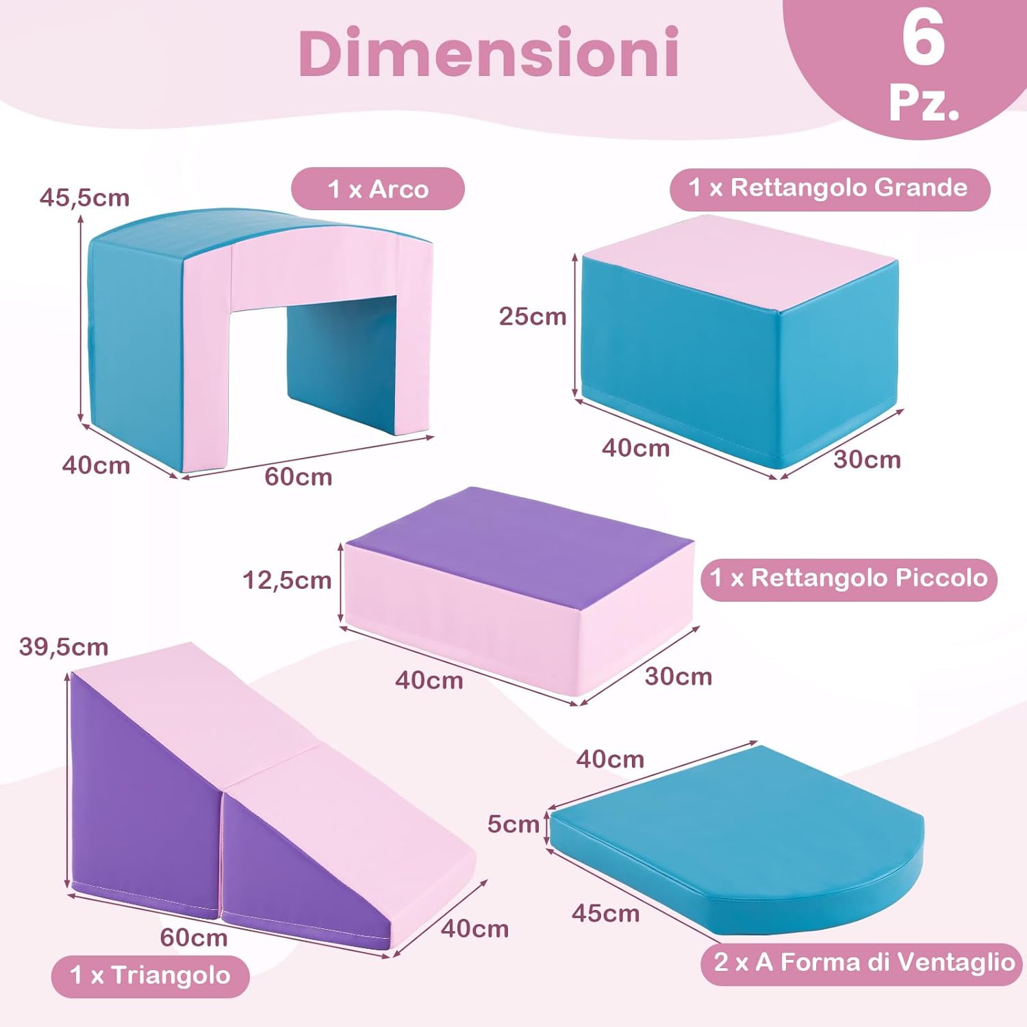 6 Blocchi di Schiuma per Arrampicata, Gioco Morbido per Bambini, Set di Costruzioni Colorate per Arrampicarsi e Strisciare con Tunnel, Scale e Rampetta per Bambini 12 Mesi + (Blu)