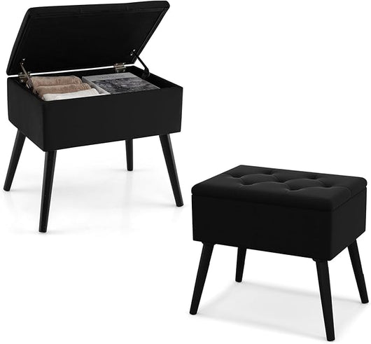 Sgabello da Toeletta con Contenitore, Pouf in Velluto con Gambe in Legno Massello & Seduta Imbottita per Cambio Scarpe, Poggiapiedi Moderno per Camera da Trucco, Ingresso (Nero)