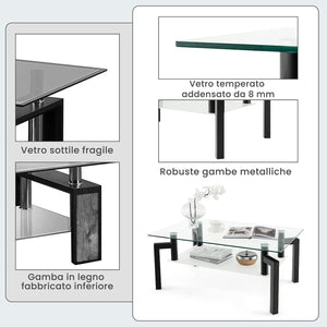 Tavolino da Salotto in Vetro Temperato Moderno, Tavolo Basso Rettangolare a 2 Livelli con Struttura in Metallo, Tavolino da Caffè per Soggiorno e Ufficio, 100 x 60 x 43 cm