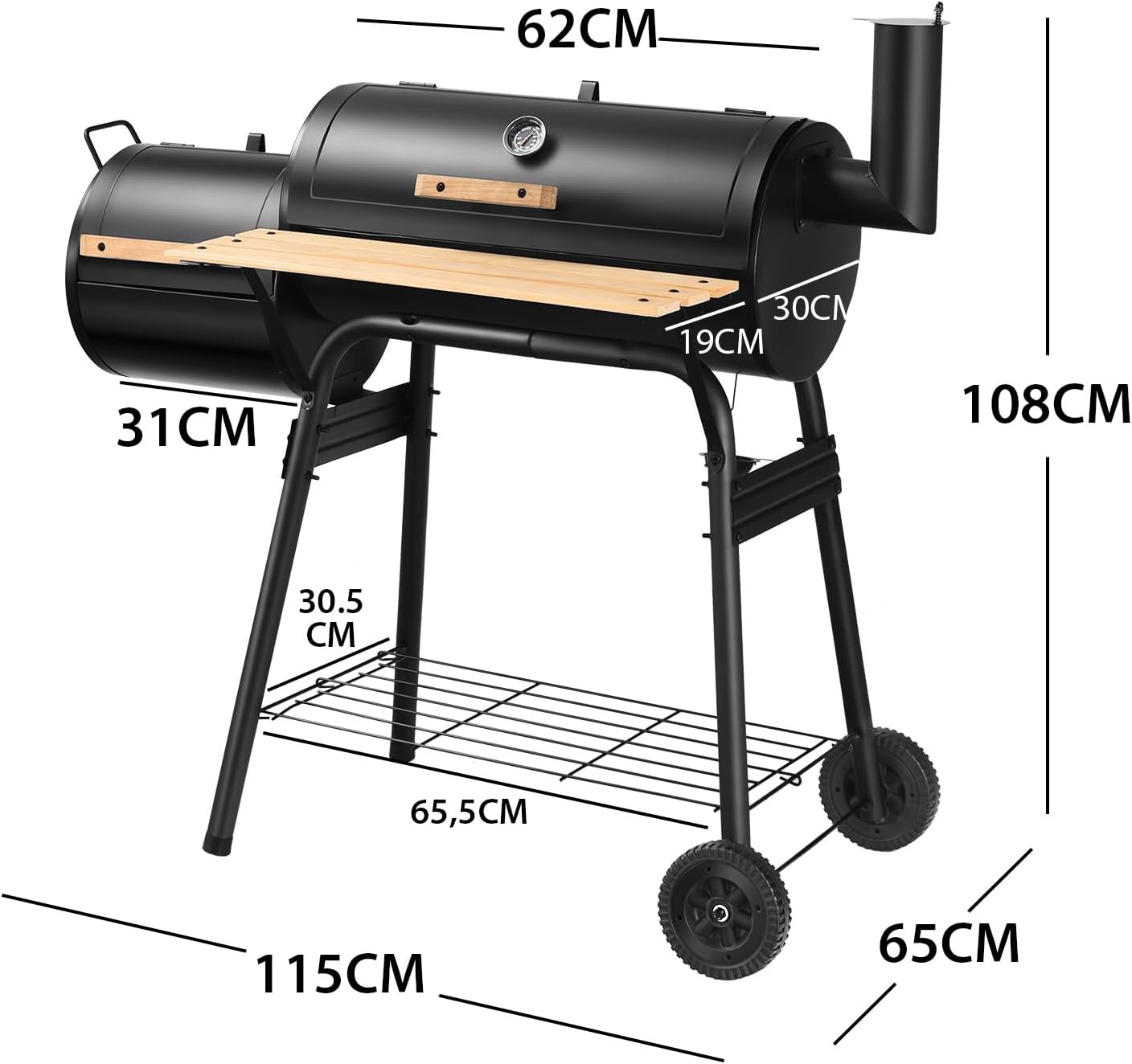 Barbecue a Carbonella in Metallo con Ruote e 2 Fornelli, Carrello per barbecue a carbonella per Esterno con Termometro, 115 x 65 x 108 cm