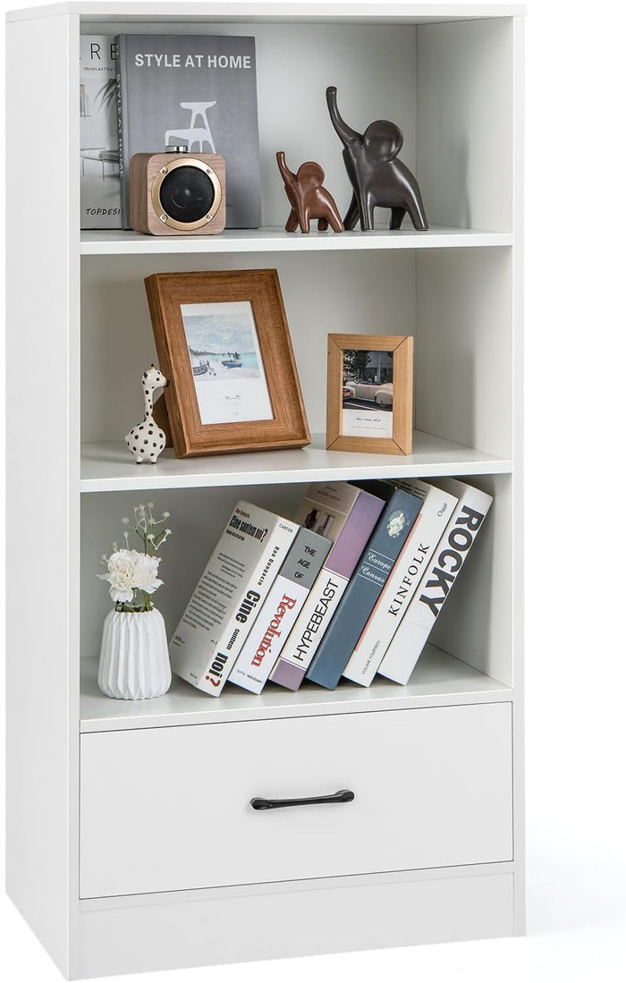 Libreria in Legno con Cassetto, Scaffale di Stoccaggio a 4 Livelli, Scaffale Espositivo per Casa Studio e Soggiorno, 60 x 38 x 120 cm (Bianco)