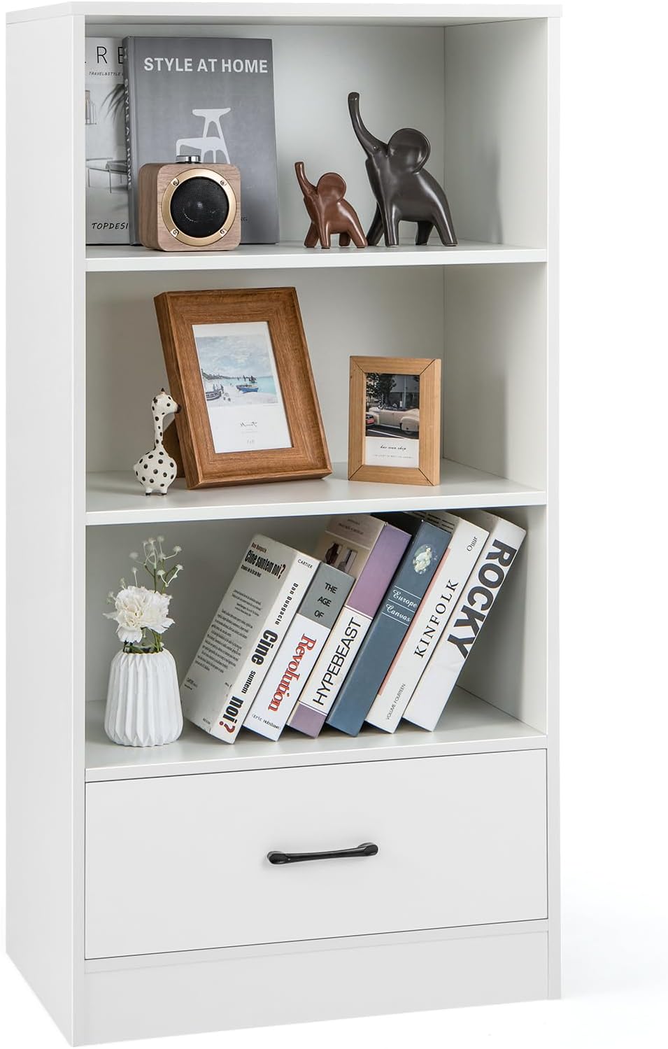 Libreria in Legno con Cassetto, Scaffale di Stoccaggio a 4 Livelli, Scaffale Espositivo per Casa Studio e Soggiorno, 60 x 38 x 120 cm (Bianco)