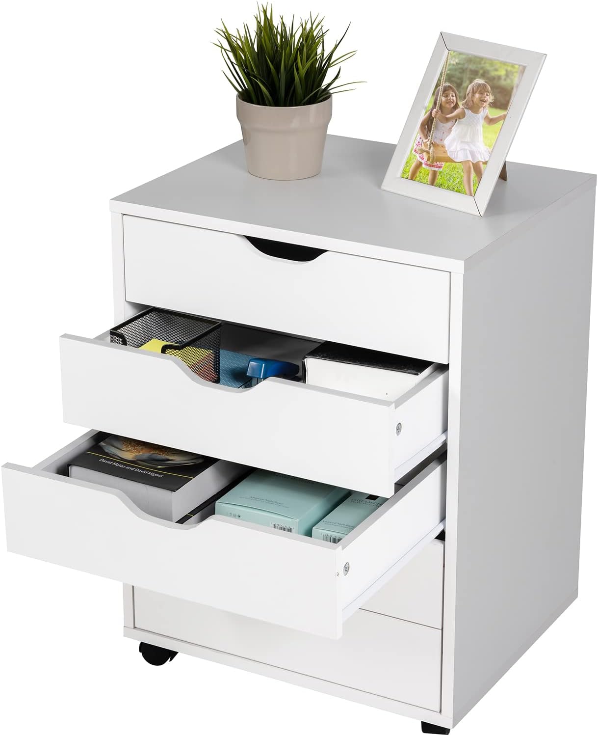 Cassettiera da Ufficio con 5 Cassetti e Ruote, Mobiletto Multiuso per Documenti e Cosmetici, Comodino con Ruote per Camera da letto, Studio, Ufficio e Soggiorno (Bianco)