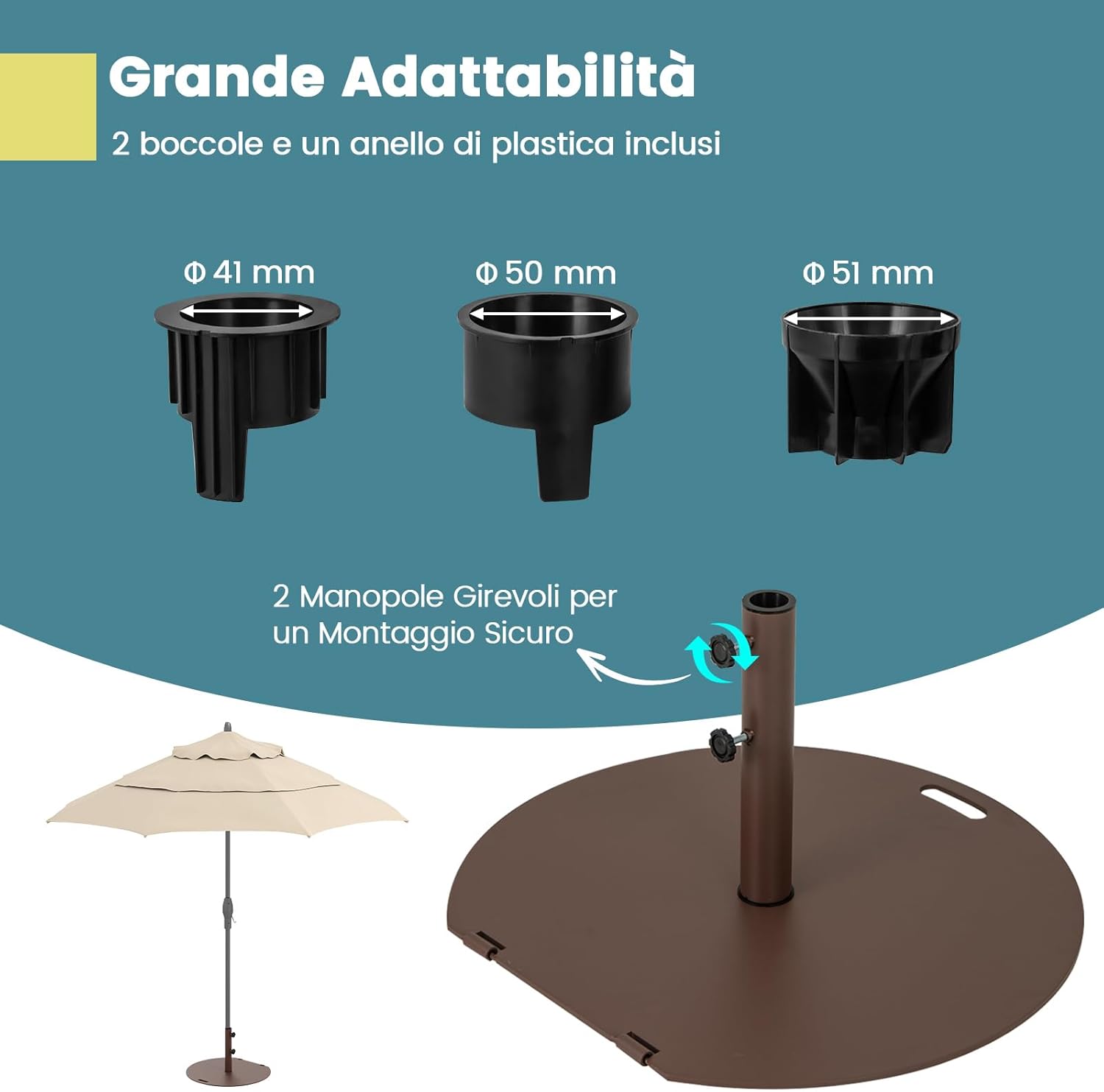 Base per Ombrellone in Metallo 23 kg, Supporto Rotondo con 2 Manopole di Serraggio, Ruote e Manico, Supporto per Ombrellone da Mercato Resistente per Giardino, Cortile, Piscina