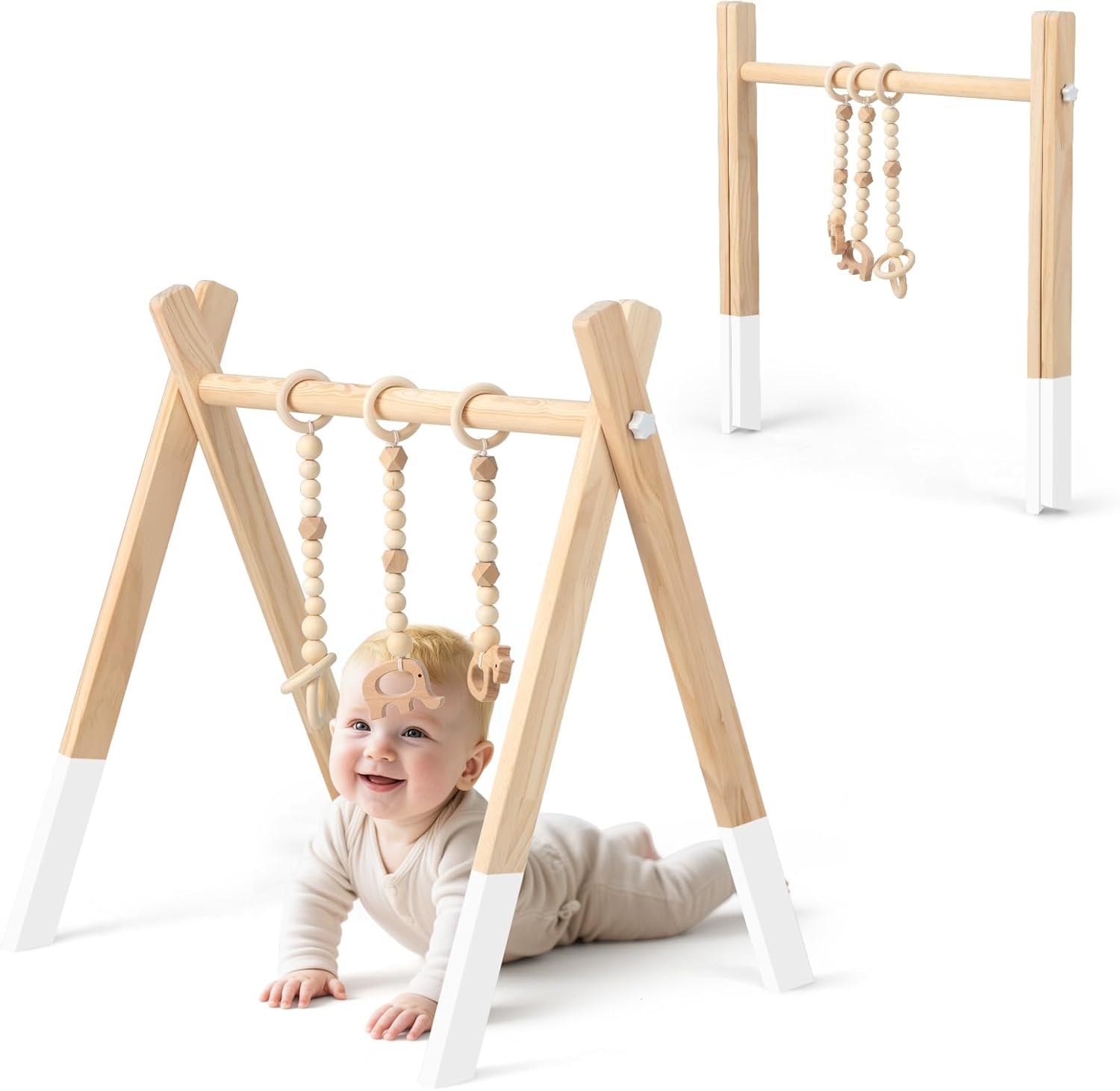 Palestrina per Bambini, Palestrina con Giocattoli per Dentizione Sviluppo Cerebrale Stimolazione Sensoriale, Pieghevole, in Legno, per Bambini 3+ Mesi (Bianco)