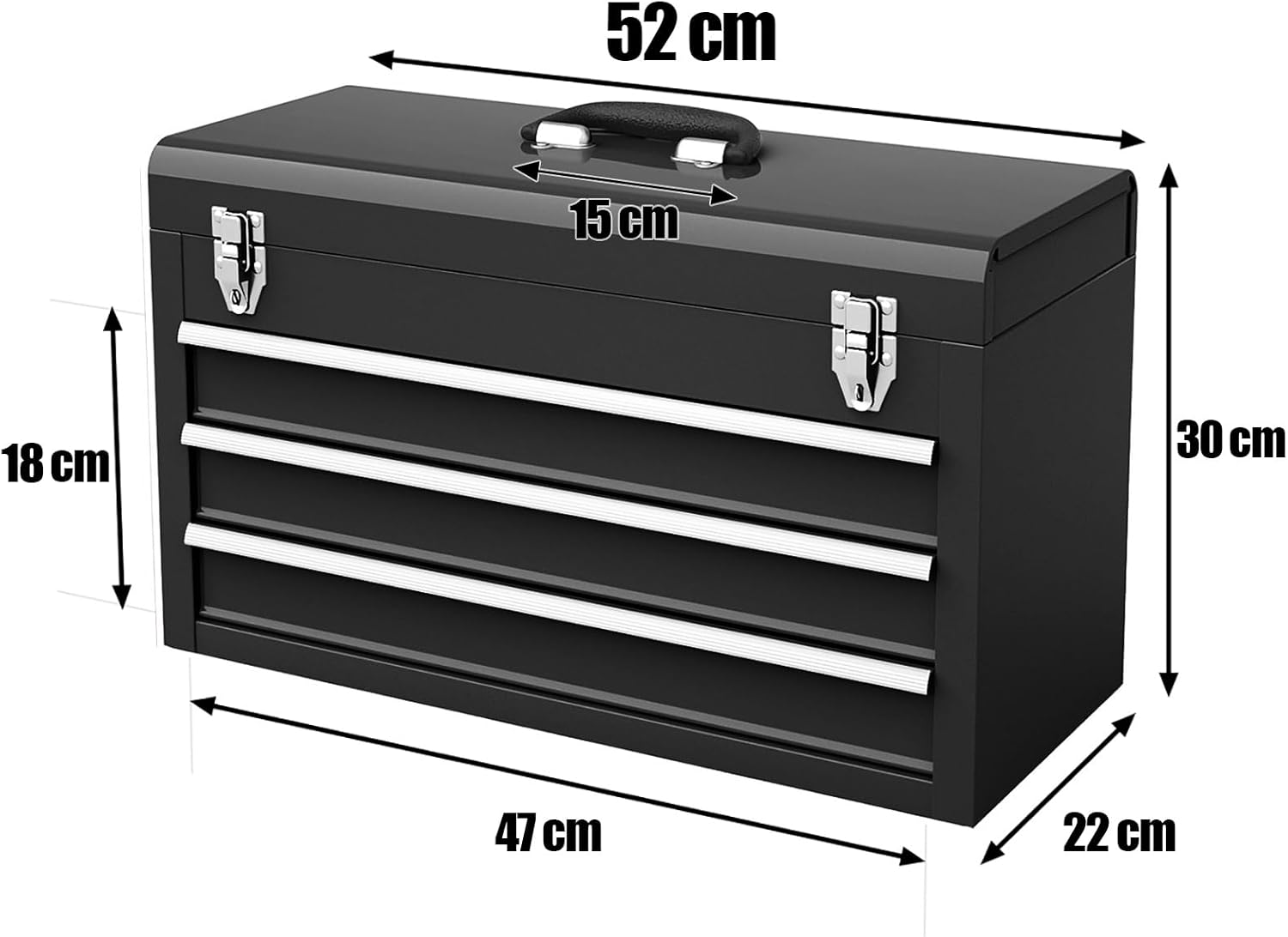 Cassetta Portautensili, Valigetta per Attrezzi con 3 Cassetti + Vassoio, 52 x 21,5 x 30 cm (Nero)