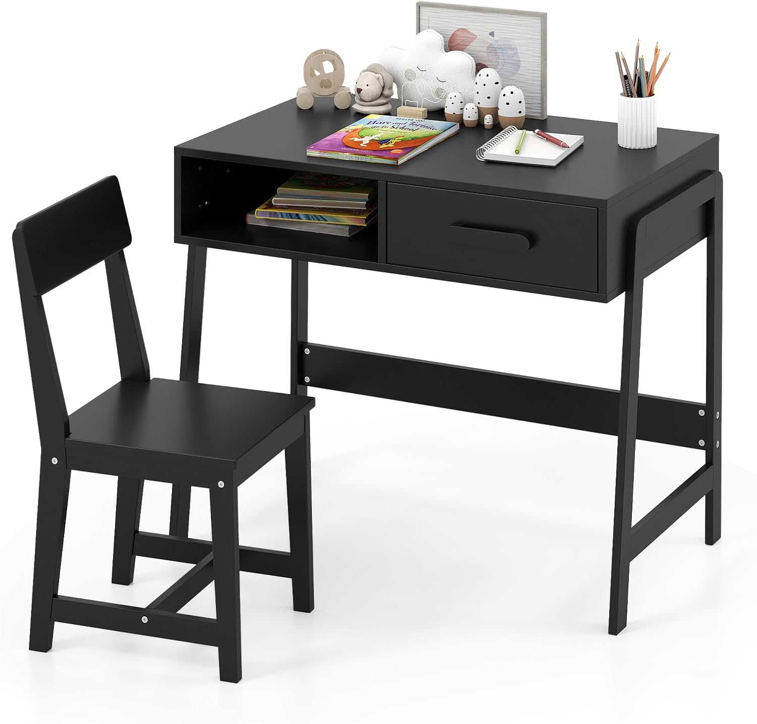 Set Tavolo e Seide per bambini in Legno, Scrivania e Sedia con Cassetto e Scomparto, Tavolino e Sedia per Cameretta, Soggiorno e Scuola (Nero)