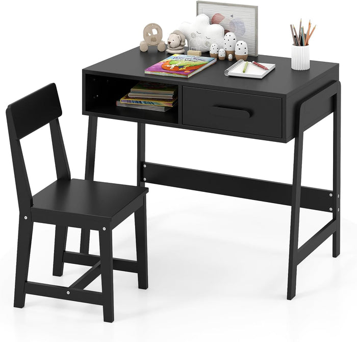 Set Tavolo e Seide per bambini in Legno, Scrivania e Sedia con Cassetto e Scomparto, Tavolino e Sedia per Cameretta, Soggiorno e Scuola (Nero)