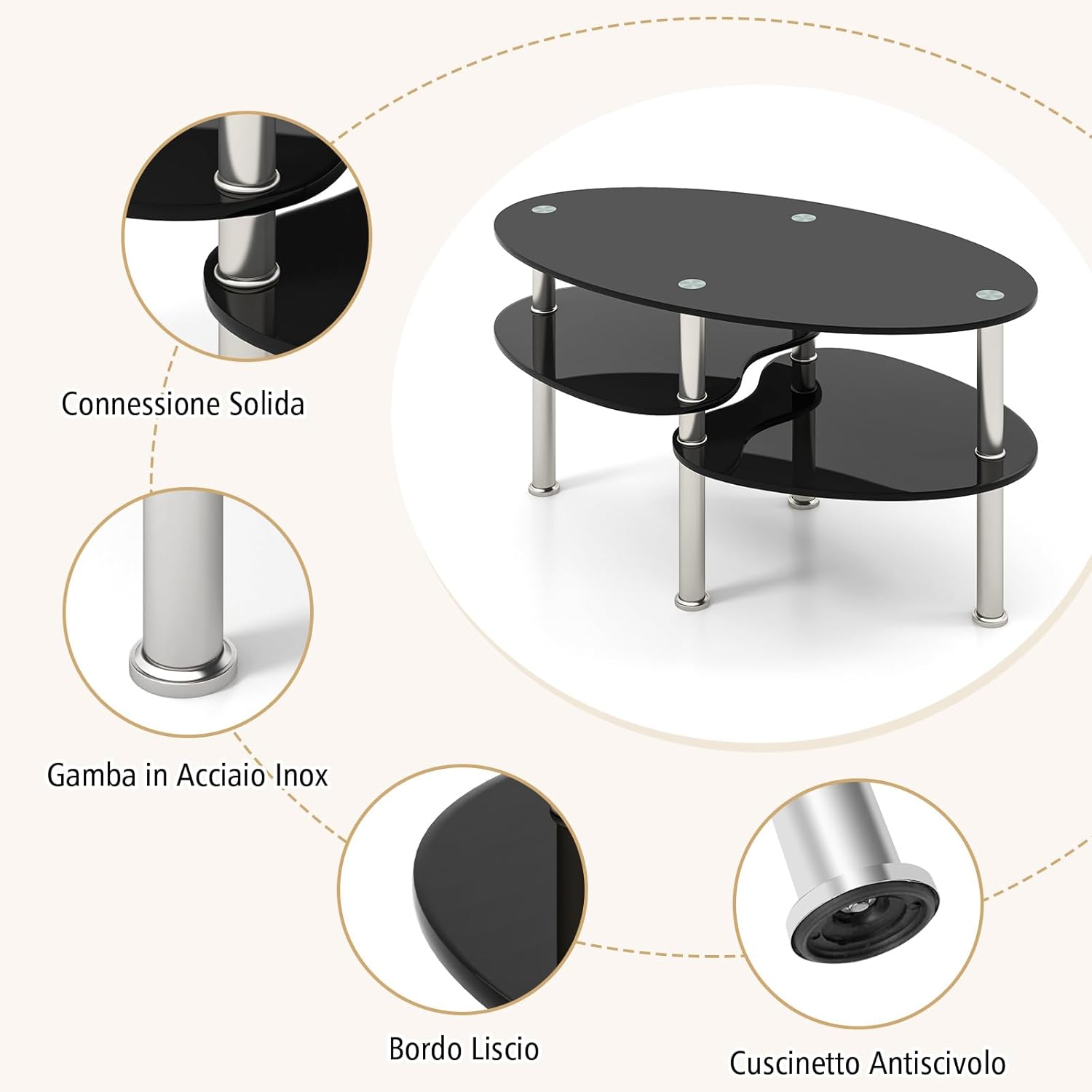 Tavolino da Salotto in Vetro Temperato Moderno, Tavolo Basso e Ovale con Piano Spazioso e 3 Livelli, Ideale per Soggiorno e Ufficio, 89 x 49 x 45 cm (Nero)