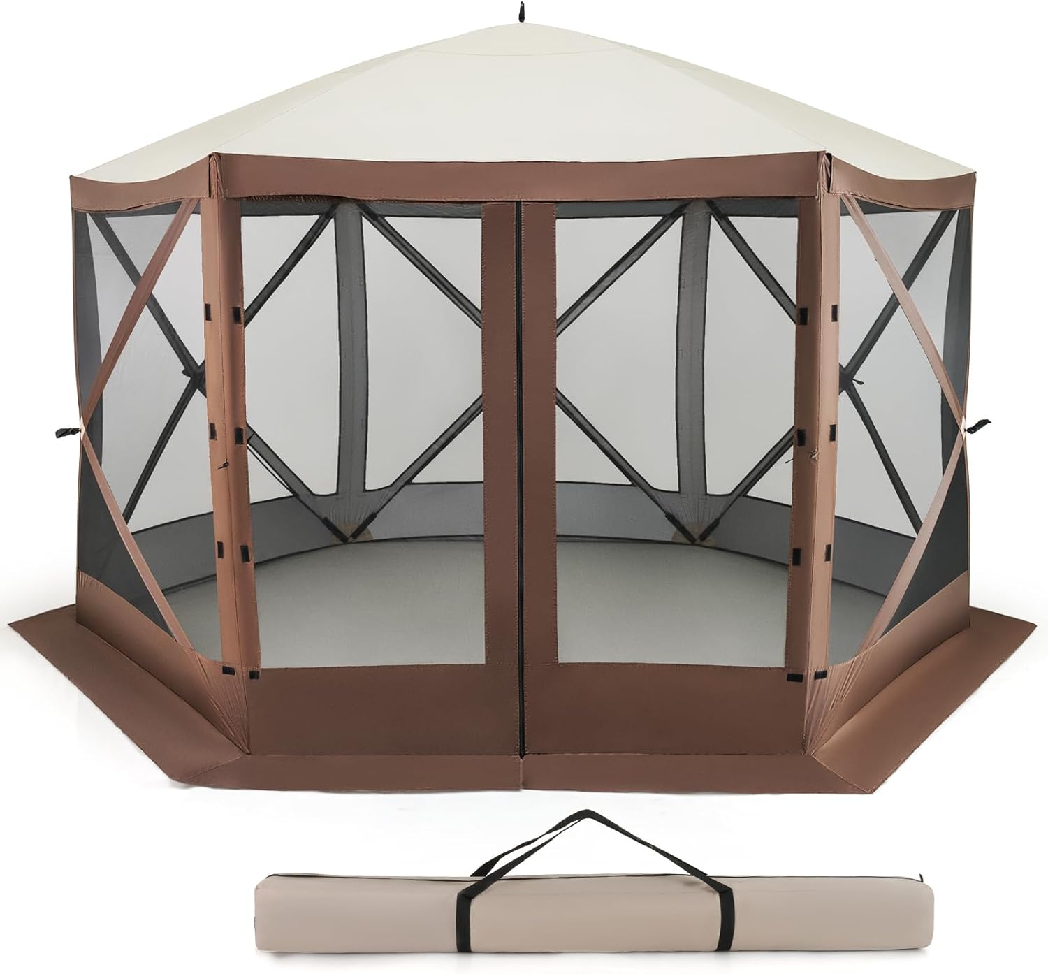 Gazebo da Giardino Pop-Up 3,5 x 3,5 m, Tenda da Giardino a 6 Lati con Tetto Ventilato e Manico, 2 Pareti Rimovibili, Rete a Maglia, Borsa da Trasporto per Patio, Giardino, Campeggio
