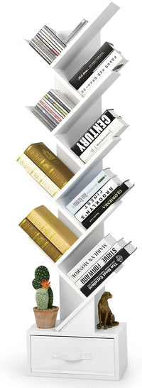 Libreria ad Albero in Legno, Scaffale a 10 Ripiani con Cassetto, Portaoggetti Autoportante per Soggiorno, Studio e Ufficio, 38 x 21,5 x 149,5 cm (Bianco)