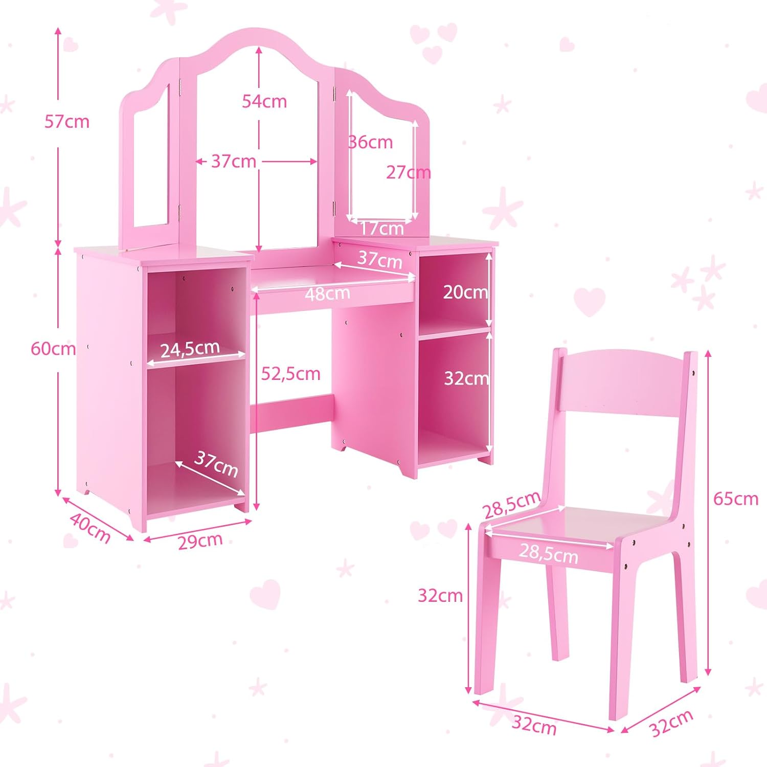 Set Toeletta per Bambini 2 in 1, Set Postazione Trucco in Legno con Sedia, Specchio a 3 Ante Rimovibile e 4 Scomparti, per Bambini 3+ Anni (Rosa)