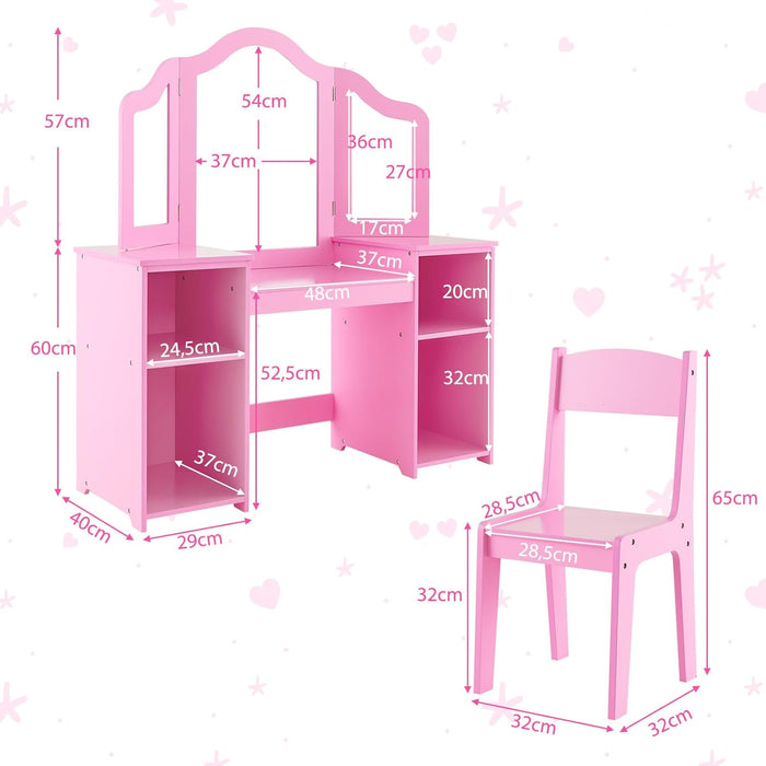 Set Toeletta per Bambini 2 in 1, Set Postazione Trucco in Legno con Sedia, Specchio a 3 Ante Rimovibile e 4 Scomparti, per Bambini 3+ Anni (Rosa)
