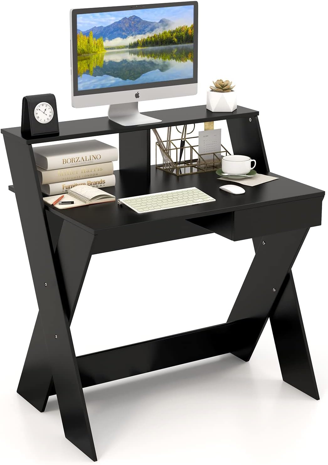 Scrivania per Computer in Legno, Scrivania con Cassetto, Portaoggetti e Supporto per Monitor, Poggiapiedi e Gambe a Forma di X, Ideale per Ufficio e Casa (Black)
