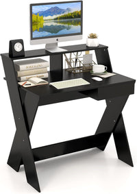 Scrivania per Computer in Legno, Scrivania con Cassetto, Portaoggetti e Supporto per Monitor, Poggiapiedi e Gambe a Forma di X, Ideale per Ufficio e Casa (Black)