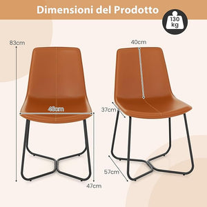 Set di 2 Sedie per Sala Pranzo con Schienale e Seduta Imbottita in Ecopelle, Sedia per Cucina con Gambe in Metallo, Sedia Vintage Comfortevole per Soggiorno, Capacità di 130 kg, Marrone