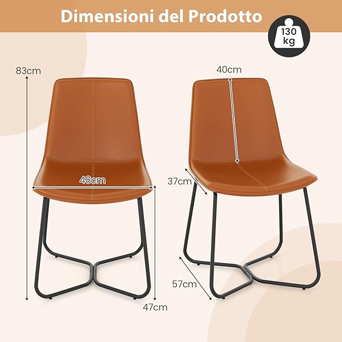 Set di 2 Sedie per Sala Pranzo con Schienale e Seduta Imbottita in Ecopelle, Sedia per Cucina con Gambe in Metallo, Sedia Vintage Comfortevole per Soggiorno, Capacità di 130 kg, Marrone