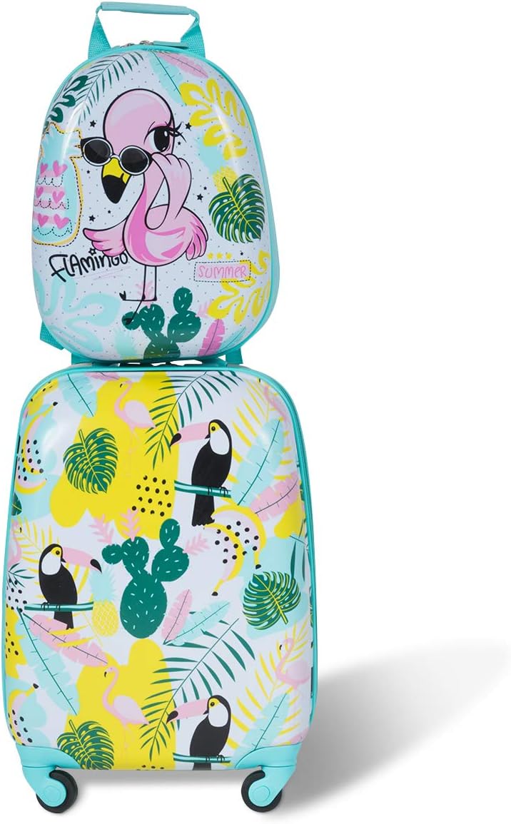 2 Pezzi Valigia per Bambini con Maniglia Retrattile + Zaino Bagaglio a Mano, Set Trolley Valigia per Bambini con Ruote Girevoli a 360 °