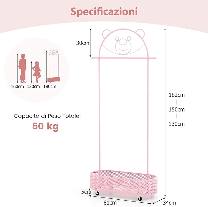 Appendiabiti per Bambini con 3 Altezze Regolabili, Supporto per Abiti con Ruote, con Asta e Cesto Portaoggetti in Ferro, per Stanza dei Bambini Soggiorno, 81x34x182 cm