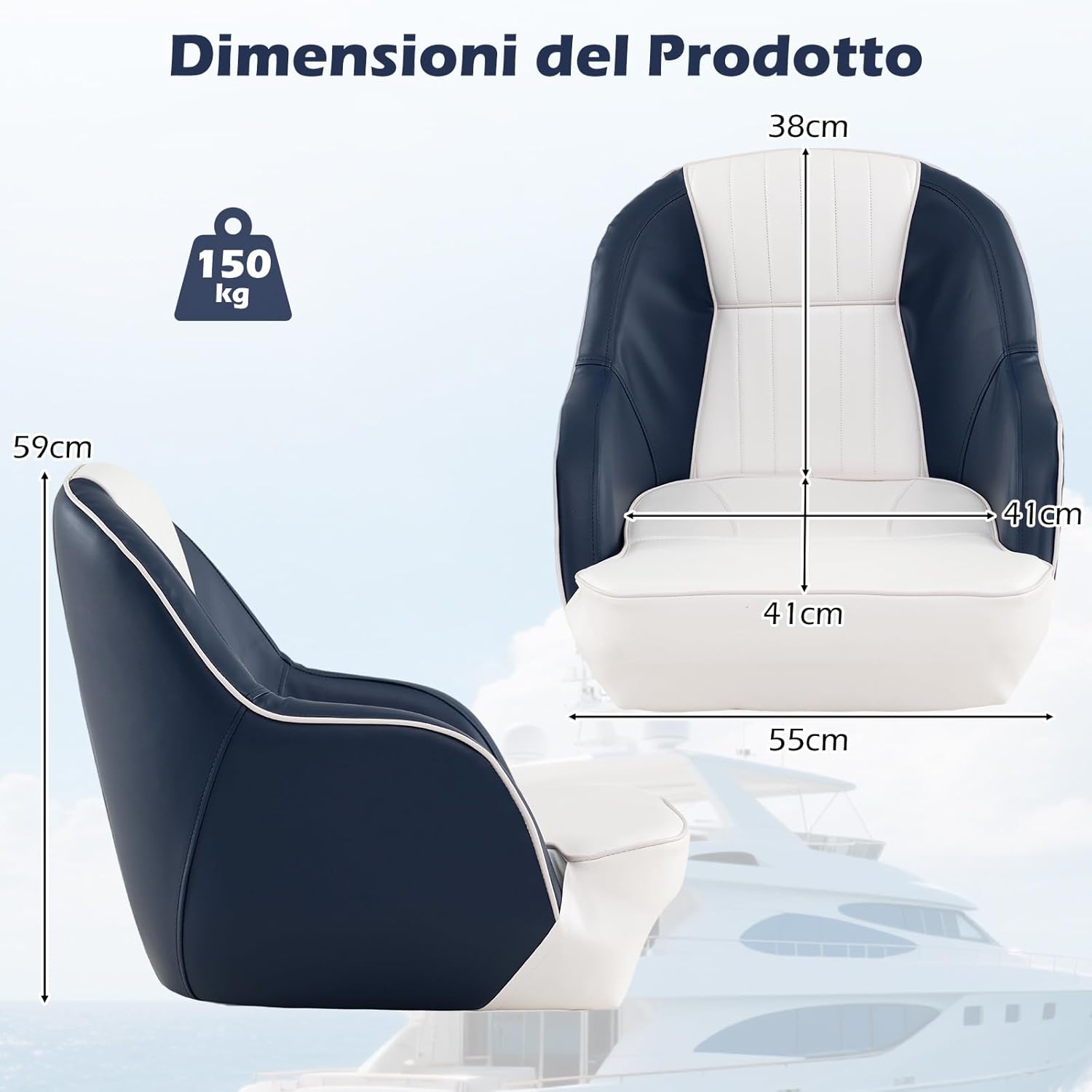 Sedia da Barca, Sedile da Barca con Schienale Avvolgente, Imbottitura Spessa in Spugna, Pelle PVC Impermeabile, Braccioli, Viti di Montaggio, 59 x 55 x 51 cm