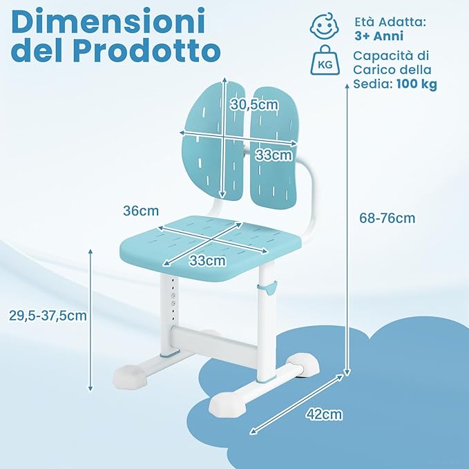 Sedia per Bambini 3+ Anni, Poltrona Ergonomica con Doppi Supporti Dorsali e Seduta Traspirante e Struttura in Metallo Resistente, Sedia Regolabile in Altezza per Camera da Letto (Blu)